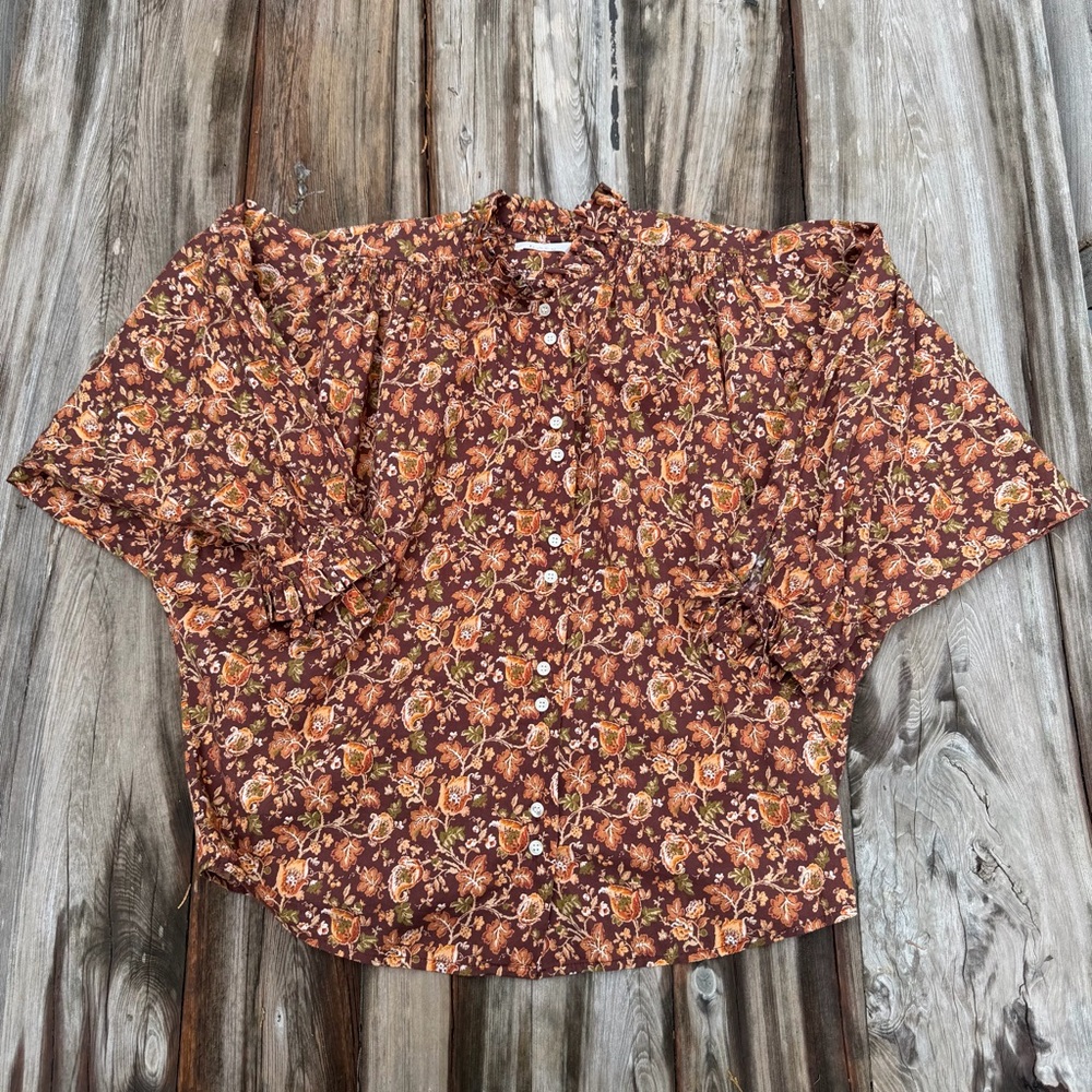Doen Brown Floral Ruffle-Neck Button Front Blouse - Picture 7 of 10